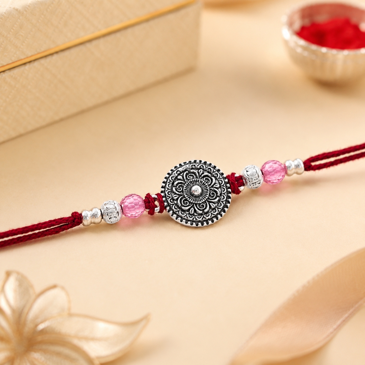 Silver Rakhi Antique Floral Mandala Design For Mens